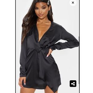 Prettylittlething black satin long sleeve dress
